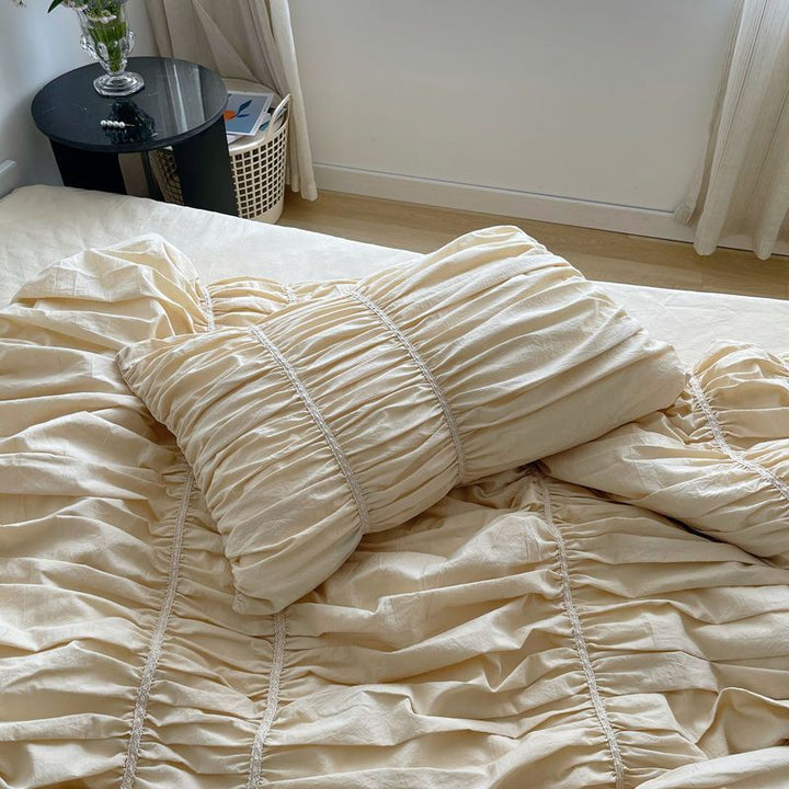 Close-up of the pillow cover from the VibeCore Royal Pleated Bedding Set, showcasing its soft, breathable cotton fabric and elegant pleated design for a luxurious and timeless look.
