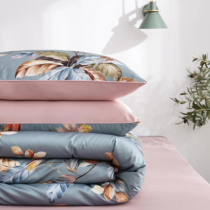 Close-up view of the pillowcase and duvet cover from the VibeCore Aesthetic Satin Flower Language Duvet Cover Set, highlighting the luxurious satin finish and intricate floral design. Crafted from soft, silky fabric, this set adds an elegant, sophisticated touch to any bedroom or dorm.