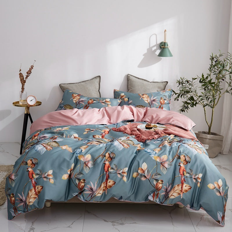 Front view of the VibeCore Aesthetic Satin Flower Language Duvet Cover Set, featuring a luxurious satin finish and intricate floral design. The soft, silky fabric and elegant pattern add a touch of sophistication and comfort to any bedroom or dorm.