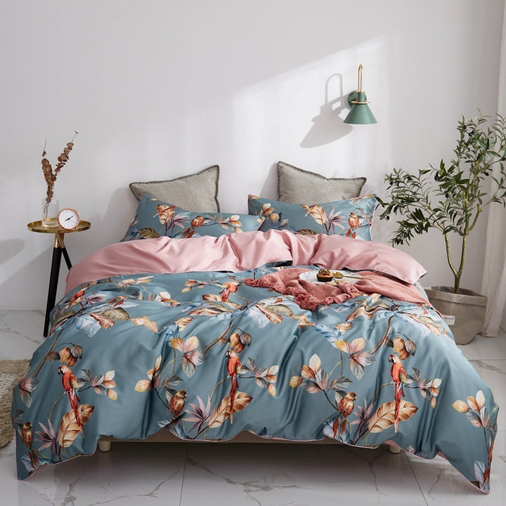 Front view of the VibeCore Aesthetic Satin Flower Language Duvet Cover Set, featuring a luxurious satin finish and intricate floral design. The soft, silky fabric and elegant pattern add a touch of sophistication and comfort to any bedroom or dorm.