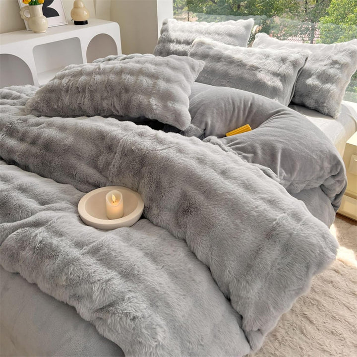 Close-up side view of the material and interior of the duvet cover for the VibeCore Snuggle Supreme Bedding Set in Light Gray, highlighting the soft, plush fabric and tufted design for ultimate comfort.