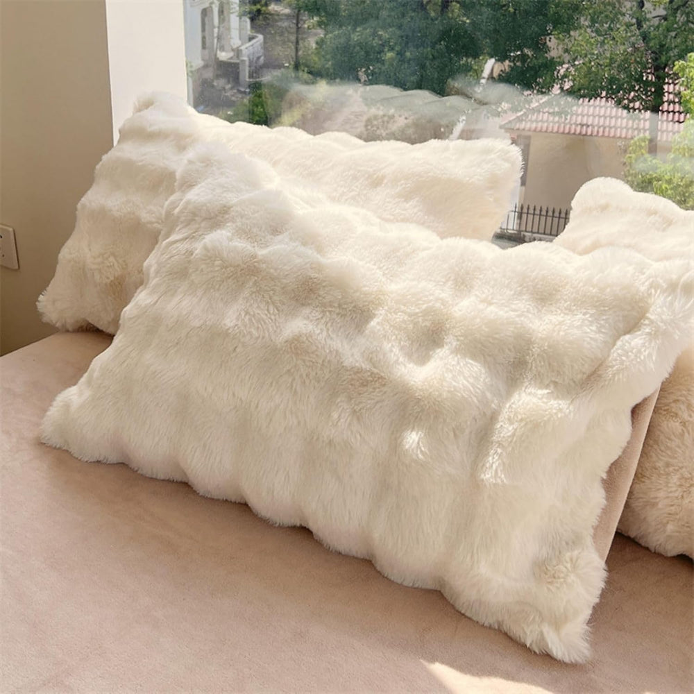 Close-up of the pillow covers from the VibeCore Snuggle Supreme Bedding Set in color white, showcasing the luxurious tufted design and ultra-soft milk fibre fabric that provides a cozy, breathable, and hypoallergenic sleep experience.