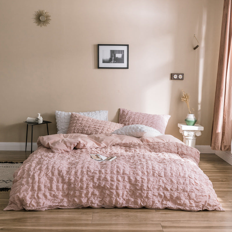 Add a soft, luxurious touch to your bedroom with the VibeCore Aesthetic Tufted Duvet Cover Set in rose. Featuring a plush tufted design, this duvet offers a cozy yet stylish look. The aerial view captures the intricate pattern, highlighting the texture and warmth of the premium fabric. Perfect for a serene, chic ambiance.