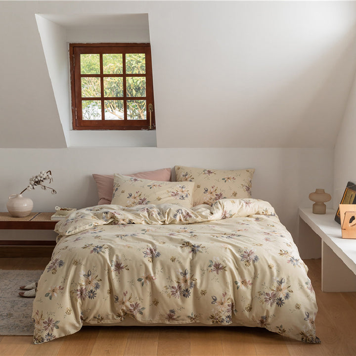 Aerial view of the VibeCore Aesthetic Wildflower Whisper Duvet Cover, featuring a soft, nature-inspired floral design on premium cotton fabric, perfect for adding a cozy and elegant touch to any bedroom or dorm.
