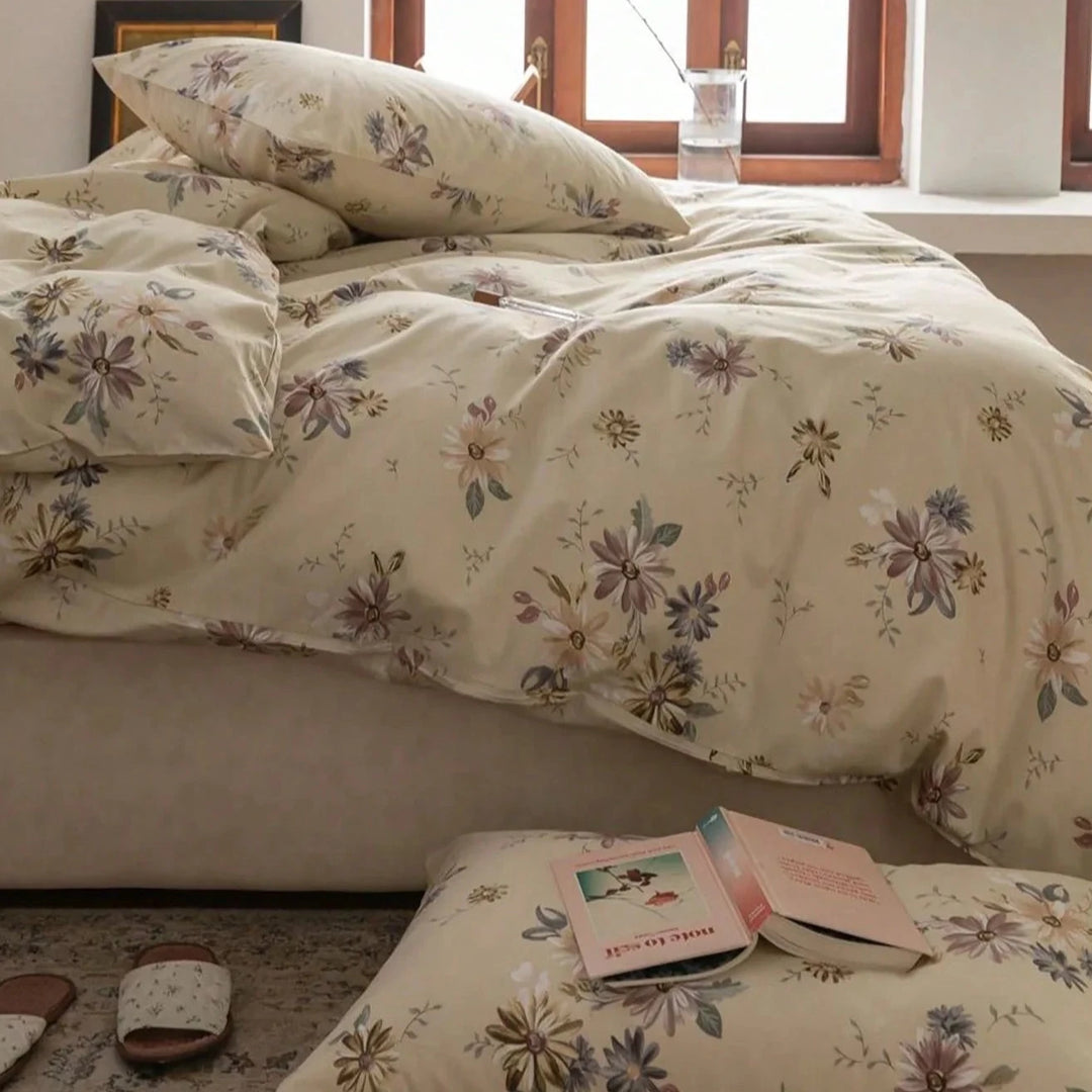 Close-up of the VibeCore Aesthetic Wildflower Whisper Duvet Cover, showcasing its detailed wildflower pattern and soft, breathable fabric, perfect for adding a touch of nature-inspired charm to your room.