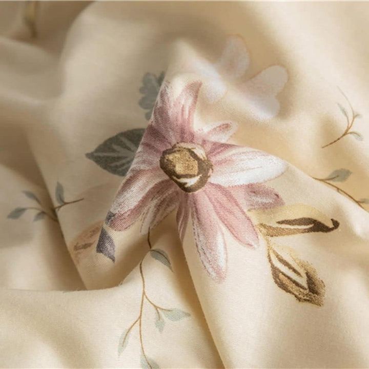 Close-up of the VibeCore Aesthetic Wildflower Whisper Duvet Cover featuring a delicate floral pattern, showcasing the intricate design and soft, breathable cotton material of the bedding set.