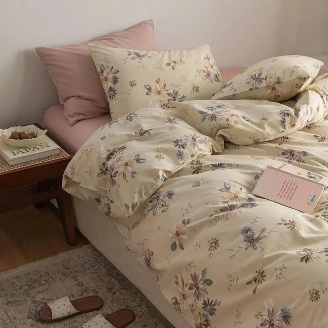 Side view of the VibeCore Aesthetic Wildflower Whisper Duvet Cover, highlighting its gently draped fabric and intricate wildflower design, offering a serene and cozy touch to your bedroom or dorm decor.