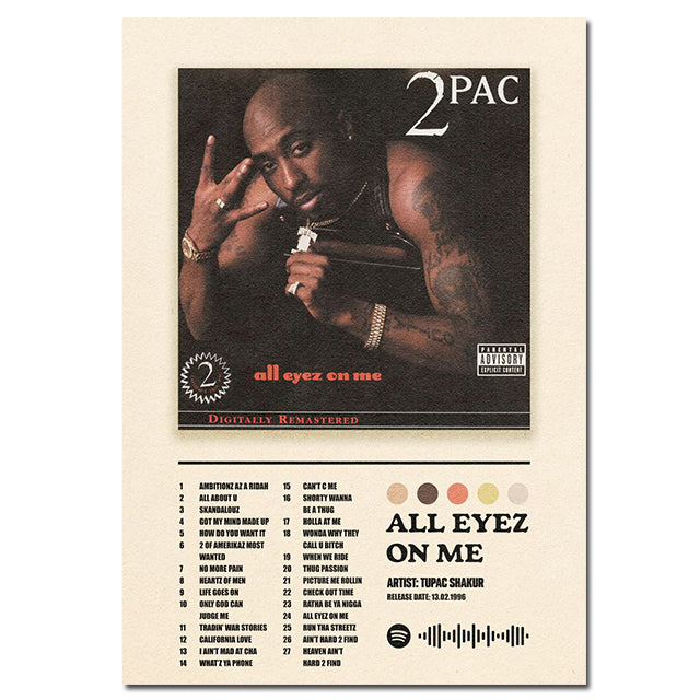 VibeCore Album Cover Canvas '2Pac All Eyez On Me' poster, featuring the iconic album art of 2Pac's legendary album. A vibrant print that adds bold, hip-hop-inspired style to any room.