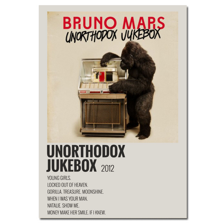 VibeCore Album Cover Canvas 'Bruno Mars Unorthodox Jukebox' poster, featuring the vintage-inspired album art with a jukebox and gorilla. Perfect for music lovers and aesthetic room decor.