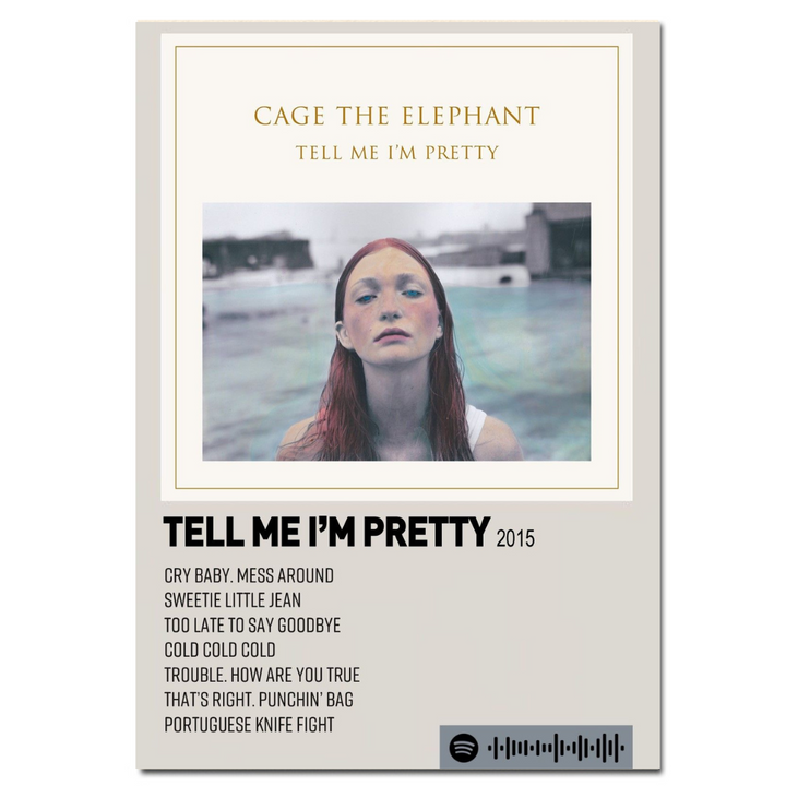 VibeCore Album Cover Canvas 'Cage The Elephant Tell Me I'm Pretty' poster, featuring the retro-inspired album art with a vintage portrait. Perfect for indie music fans and aesthetic room decor.