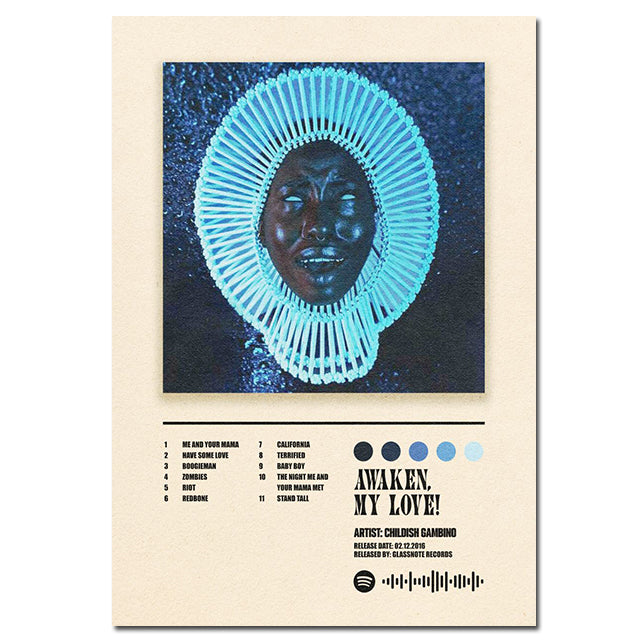 VibeCore Album Cover Canvas 'Childish Gambino Awaken My Love' poster, showcasing the striking blue-toned album art. A bold statement piece for music lovers and aesthetic room decor.