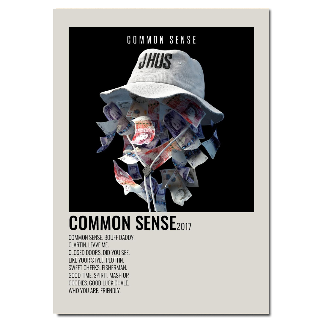 VibeCore Album Cover Canvas 'Common - Common Sense' poster, showcasing the classic album art with bold typography and vintage hip-hop aesthetics. A must-have for rap fans and stylish room decor.