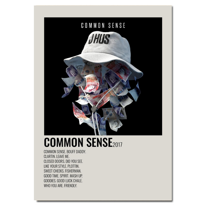 VibeCore Album Cover Canvas 'Common - Common Sense' poster, showcasing the classic album art with bold typography and vintage hip-hop aesthetics. A must-have for rap fans and stylish room decor.