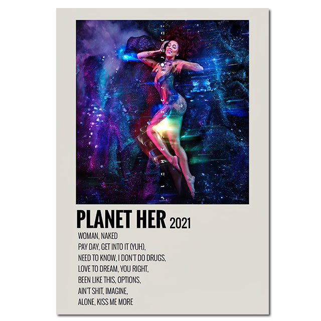 VibeCore Album Cover Canvas 'Doja Cat Planet Her' poster, featuring the vibrant and futuristic album art. A stylish print perfect for adding a bold, music-inspired touch to any space.