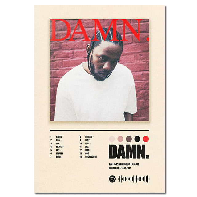 VibeCore Album Cover Canvas 'Kendrick Lamar Damn' poster, featuring the iconic red-toned album art. A must-have for hip-hop fans and stylish wall decor.