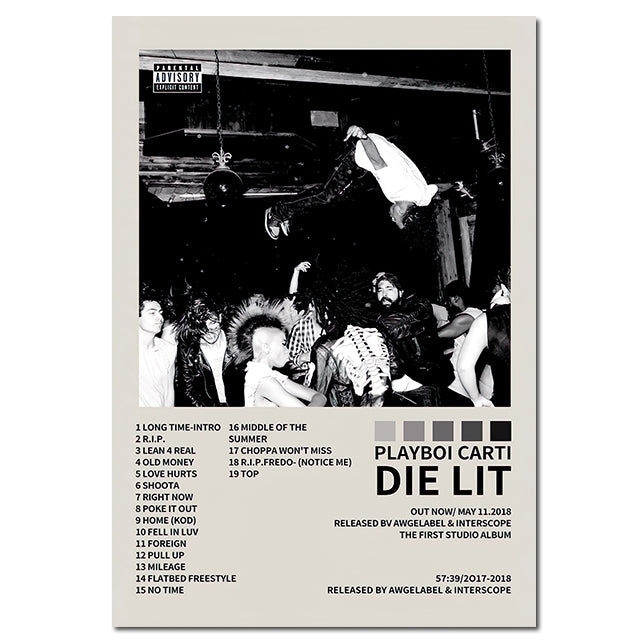 VibeCore Album Cover Canvas 'Playboi Carti Die Lit' poster, showcasing the high-energy black-and-white mosh pit design. Perfect for music lovers and edgy room decor.