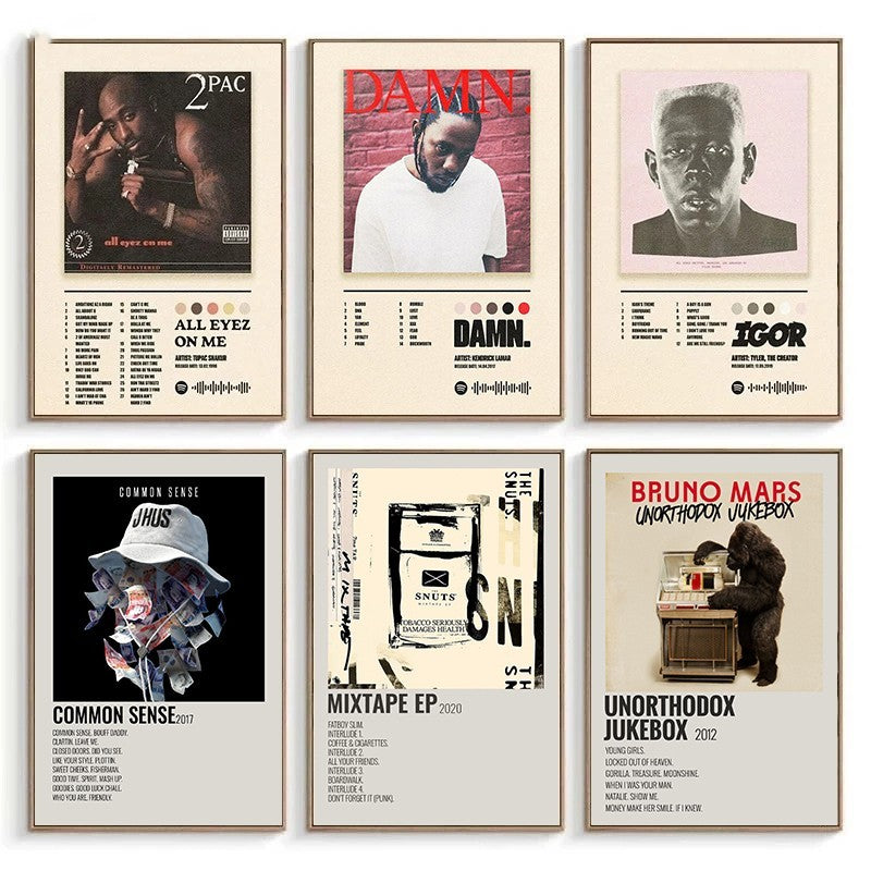 VibeCore Album Cover Canvas Posters 6 On Wall" alt text: "A collection of 6 iconic album cover posters on a wall, featuring vibrant, contemporary designs from popular artists, adding music-inspired style to any space.