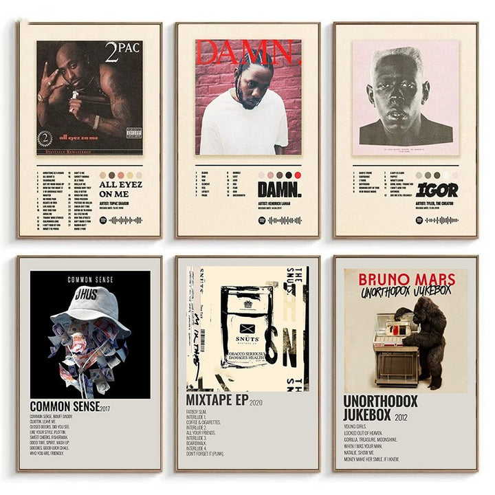 VibeCore Album Cover Canvas Posters 6 On Wall" alt text: "A collection of 6 iconic album cover posters on a wall, featuring vibrant, contemporary designs from popular artists, adding music-inspired style to any space.