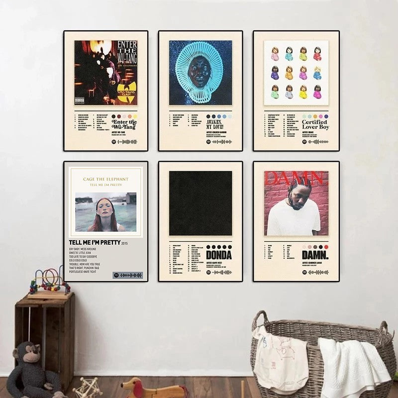 VibeCore Album Cover Canvas Posters on wall, showcasing iconic album art from artists like 2Pac, Doja Cat, Kendrick Lamar, Tyler the Creator, Drake, and Childish Gambino. These vibrant prints capture the energy of your favorite music genres, adding bold style to your bedroom, dorm, or apartment.