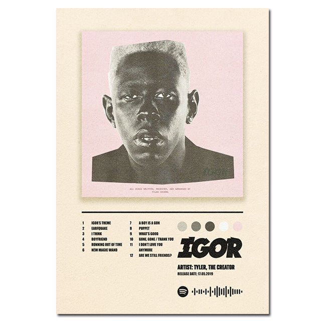 VibeCore Album Cover Canvas 'Tyler, The Creator Igor' poster, showcasing the bold pink background and minimalist portrait. Perfect for hip-hop fans and aesthetic wall decor.