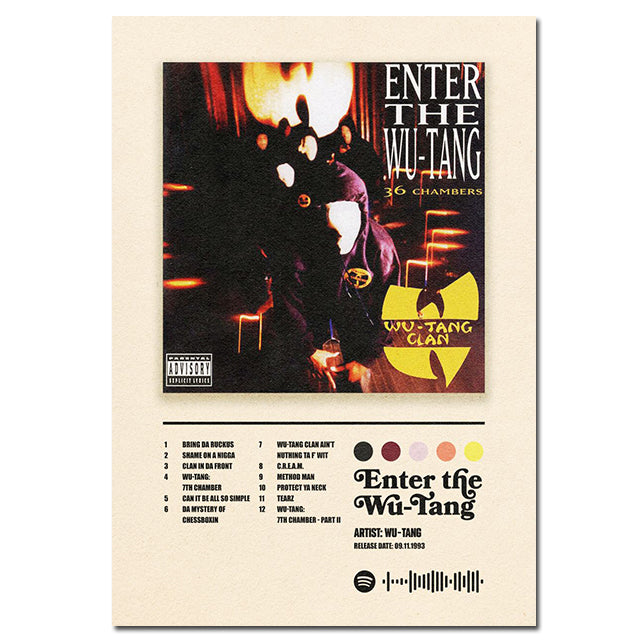 VibeCore Album Cover Canvas 'Wu-Tang Clan - Enter the Wu-Tang (36 Chambers)' poster, featuring the iconic album art with raw hip-hop energy. Perfect for rap fans and aesthetic room decor.