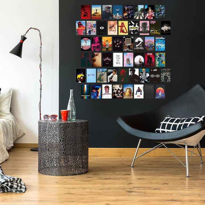 VibeCore Album Cover Poster Wall Collage Kit on wall in another living room, creating an aesthetic and trendy decor with music-inspired art prints.