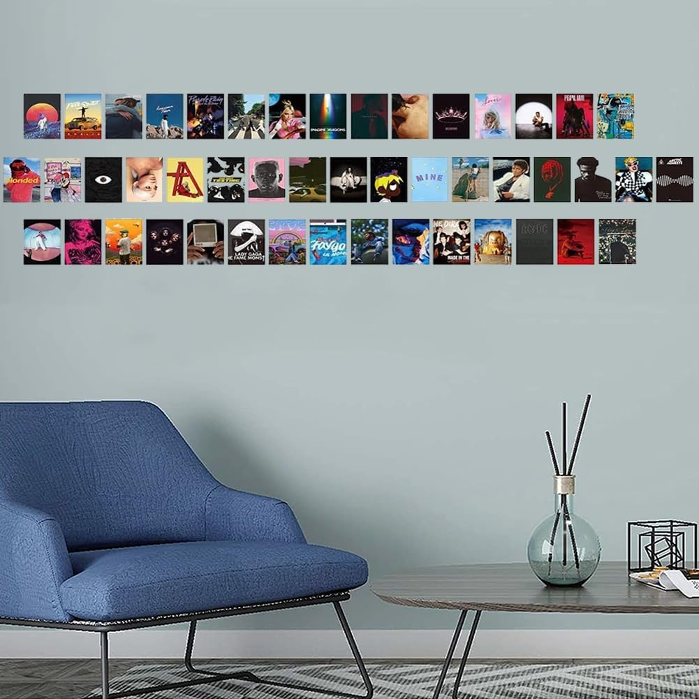 VibeCore Album Cover Poster Wall Collage Kit on wall in living room, creating an aesthetic and trendy decor with music-inspired art prints.
