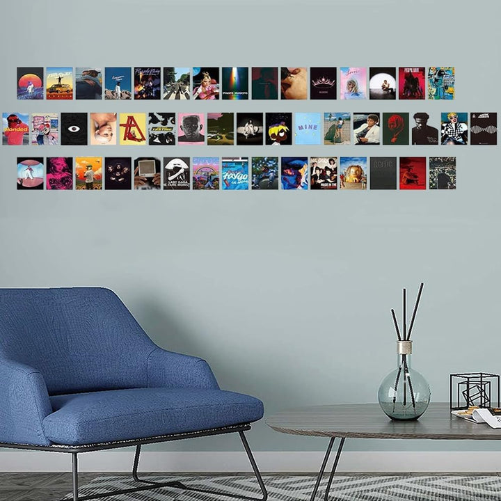 VibeCore Album Cover Poster Wall Collage Kit on wall in living room, creating an aesthetic and trendy decor with music-inspired art prints.