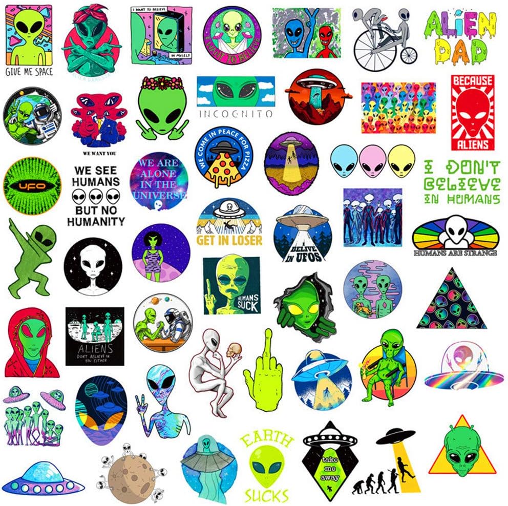 VibeCore Alien Stickers featuring a collection of cosmic designs, including funny aliens, UFOs, and intergalactic symbols, perfect for personalizing your gear with futuristic, sci-fi flair.