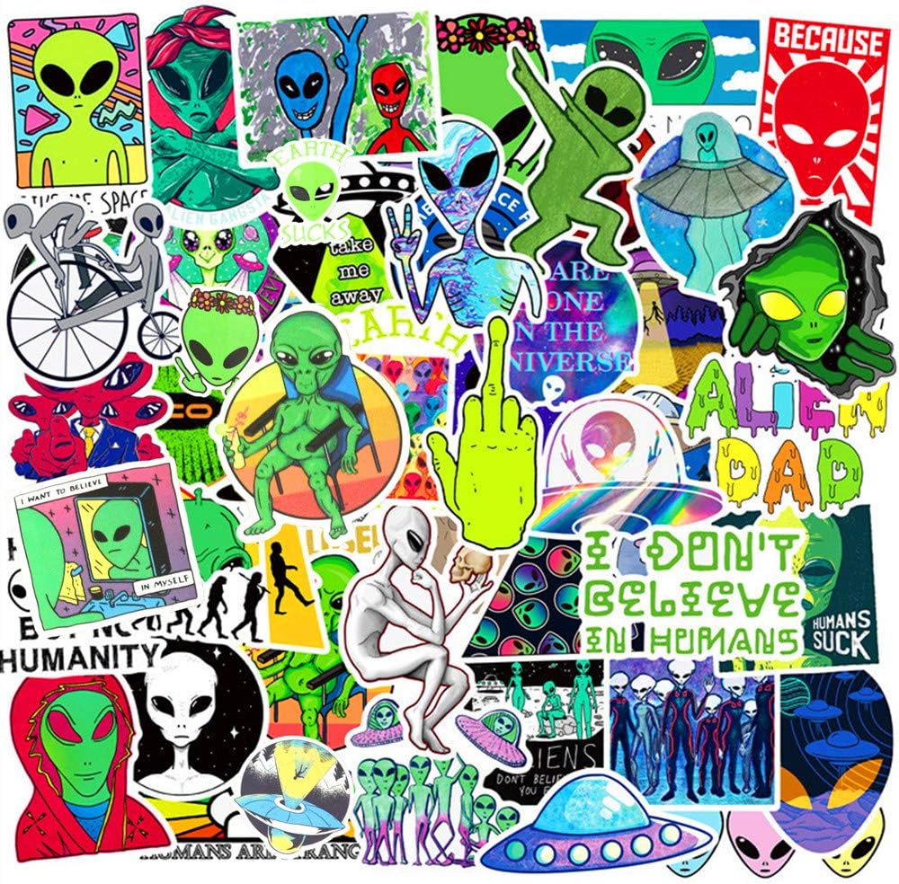 Rectangular cluster of VibeCore Alien Stickers featuring quirky alien designs, UFOs, and cosmic symbols, perfect for adding fun, futuristic vibes to your accessories.