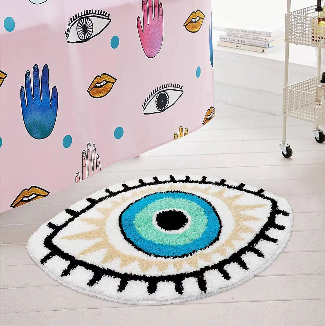 VibeCore All Seeing Eye Accent Rug in bathroom, showcasing mystical eye design from an alternative angle. Perfect for modern bathroom decor, offering a spiritual touch, comfort, and bold statement. Non-slip backing ensures safety, while easy-to-clean durability adds practicality. A unique, protective, and stylish addition to any bathroom space.