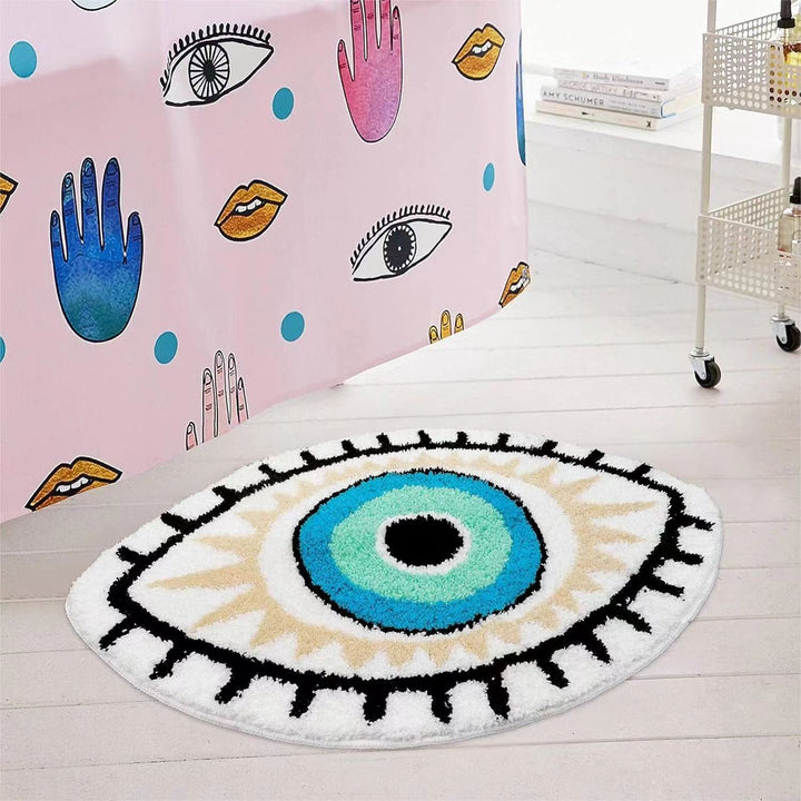 VibeCore All Seeing Eye Accent Rug in bathroom, showcasing mystical eye design from an alternative angle. Perfect for modern bathroom decor, offering a spiritual touch, comfort, and bold statement. Non-slip backing ensures safety, while easy-to-clean durability adds practicality. A unique, protective, and stylish addition to any bathroom space.