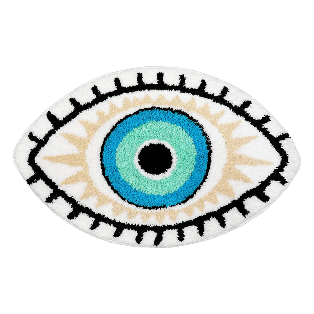 VibeCore All Seeing Eye Accent Rug full view showcasing mystical eye design. A striking spiritual rug ideal for bedrooms or living rooms. Adds unique decor with protective symbolism. Features non-slip backing for safety and soft texture for comfort. Perfect for urban and bohemian aesthetics, providing a bold statement piece with easy maintenance.