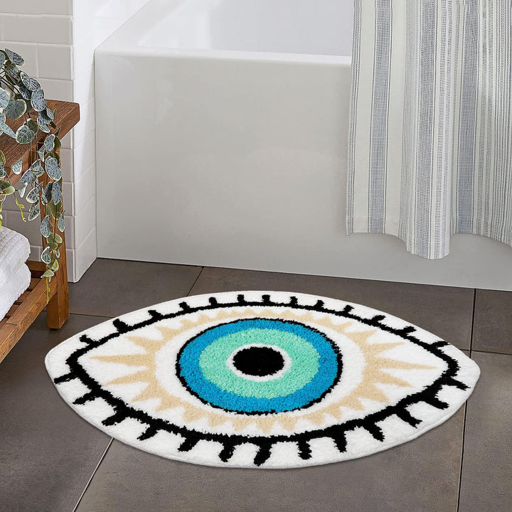VibeCore All Seeing Eye Accent Rug in bathroom, featuring mystical eye design for a unique, spiritual vibe. Ideal for modern bathroom decor, this bold rug adds protection, style, and comfort. With soft texture, non-slip backing, and easy-to-clean durability, it brings a captivating, urban touch to your bathroom space.