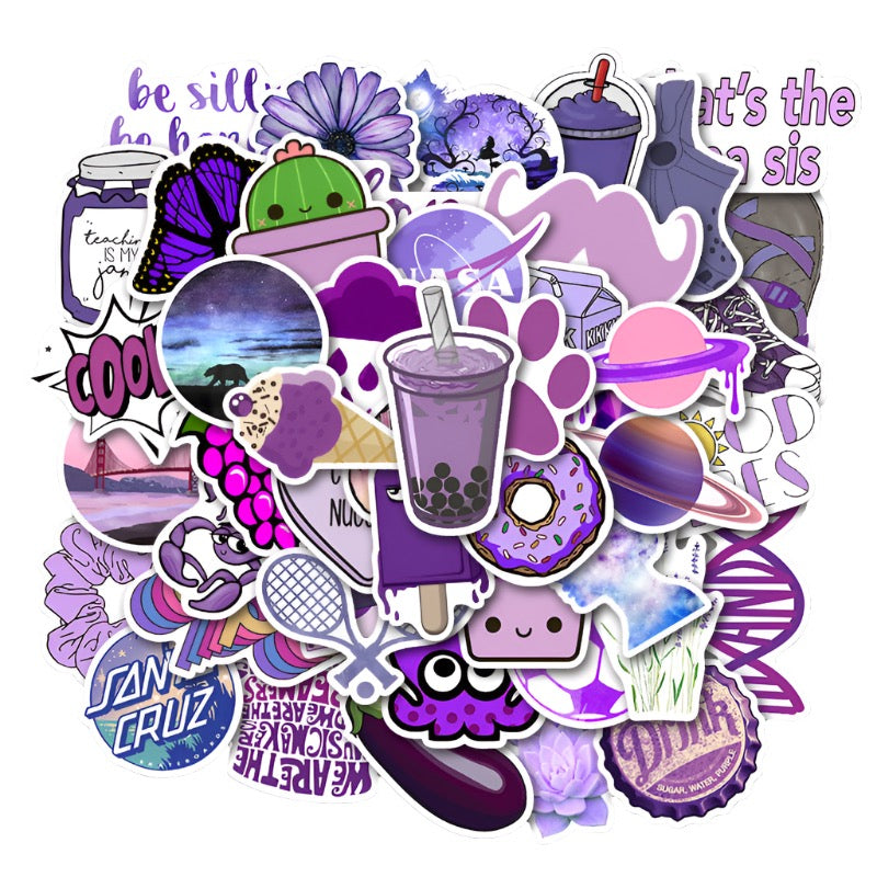 VibeCore All Things Purple Stickers Cluster featuring vibrant purple aesthetic stickers, purple laptop stickers, cute purple decals, trendy purple phone case stickers, and more.