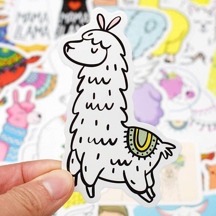 Close-up of a cute alpaca sticker from VibeCore's Alpaca Stickers collection. This playful design adds a fun and quirky touch to laptops, water bottles, and more.