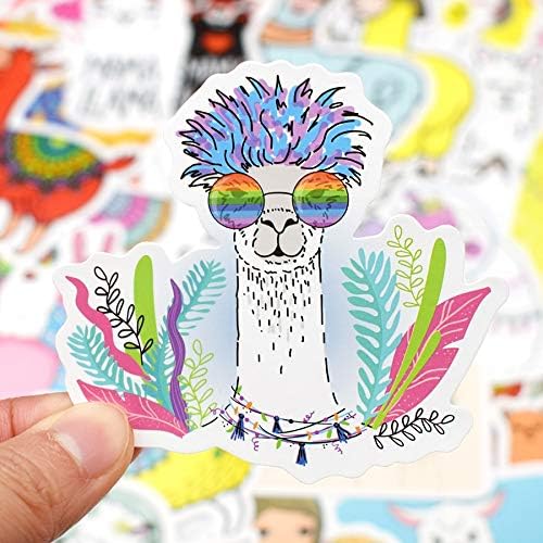 Close-up of a playful alpaca sticker with rainbow glasses from VibeCore's Alpaca Stickers collection. This cute and colorful design adds personality to your accessories.