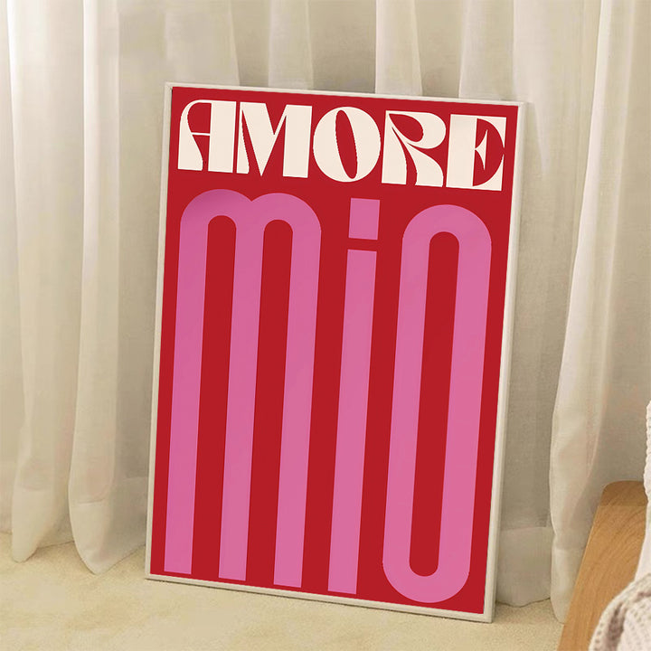 Aesthetic "Amore Mio" canvas poster with vintage Italian-inspired typography in red, pink, and white. Romantic wall art for bedrooms, dorms, and apartments, capturing a Parisian café vibe. High-quality cotton canvas with a fade-resistant finish, perfect for a cozy, love-themed gallery wall.