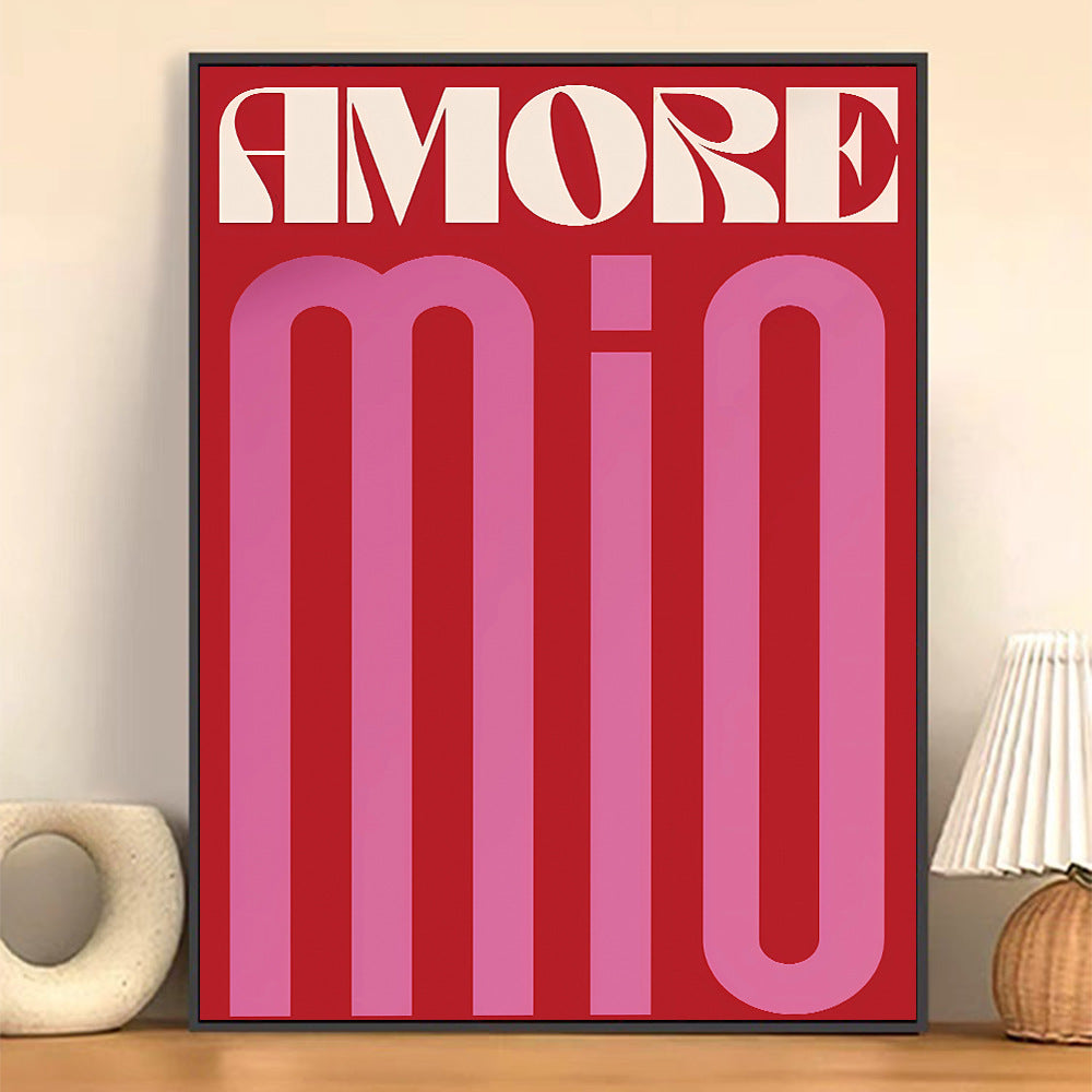 "Amore Mio" canvas poster with vintage Italian-inspired typography in red, pink, and white. Romantic aesthetic wall art for bedrooms, dorms, and apartments, evoking a Parisian café vibe. Printed on high-quality cotton canvas with a fade-resistant finish.