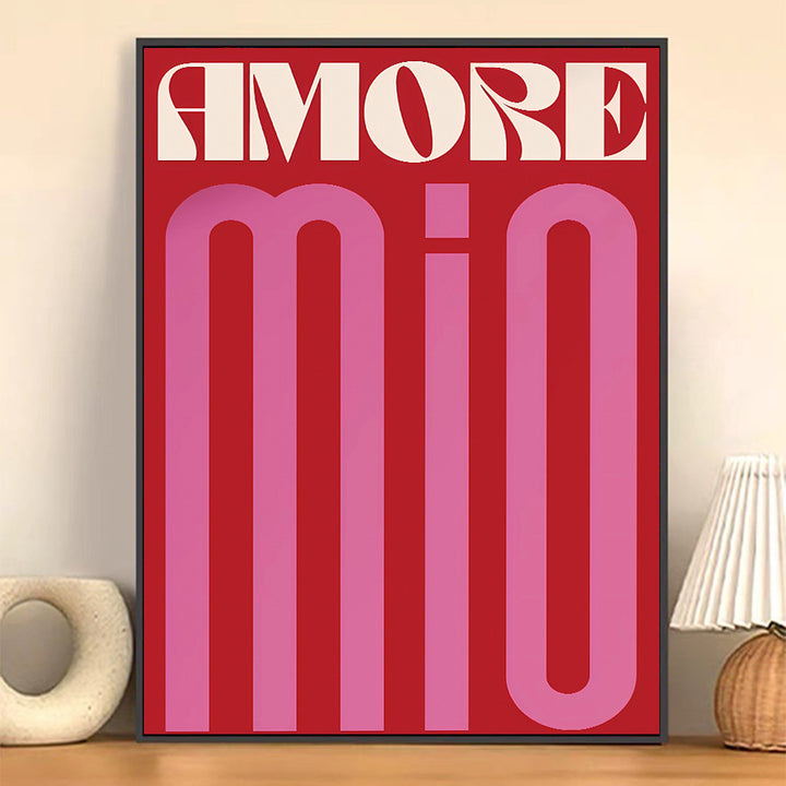 "Amore Mio" canvas poster with vintage Italian-inspired typography in red, pink, and white. Romantic aesthetic wall art for bedrooms, dorms, and apartments, evoking a Parisian café vibe. Printed on high-quality cotton canvas with a fade-resistant finish.