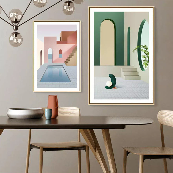 VibeCore Arches & Color Canvas Prints Option A and C Framed On Wall In Dining Room