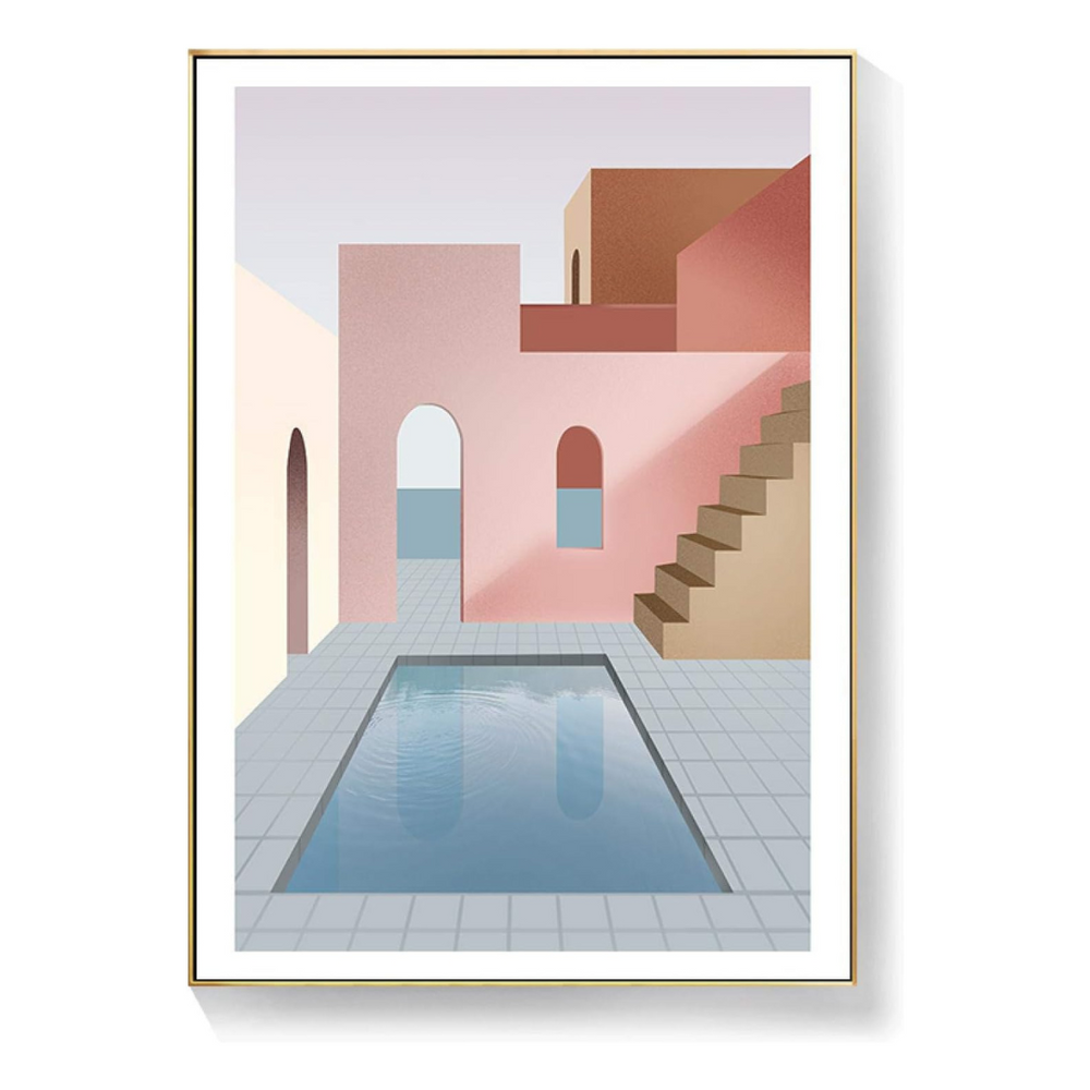 VibeCore Arches & Color Canvas Prints option A - Pink Building with stairs and backyard pool