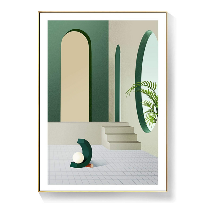 VibeCore Arches & Color Canvas Prints option C - Green Building with stairs and white tile