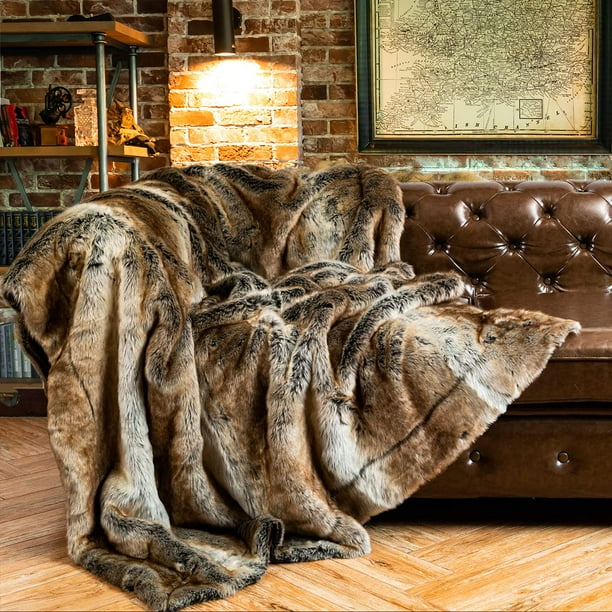 Brown Arctic Dream Faux Fur Throw Blanket in a living room, adding a cozy, European-inspired touch with its luxurious softness. Perfect for enhancing your space with warmth and elegance.