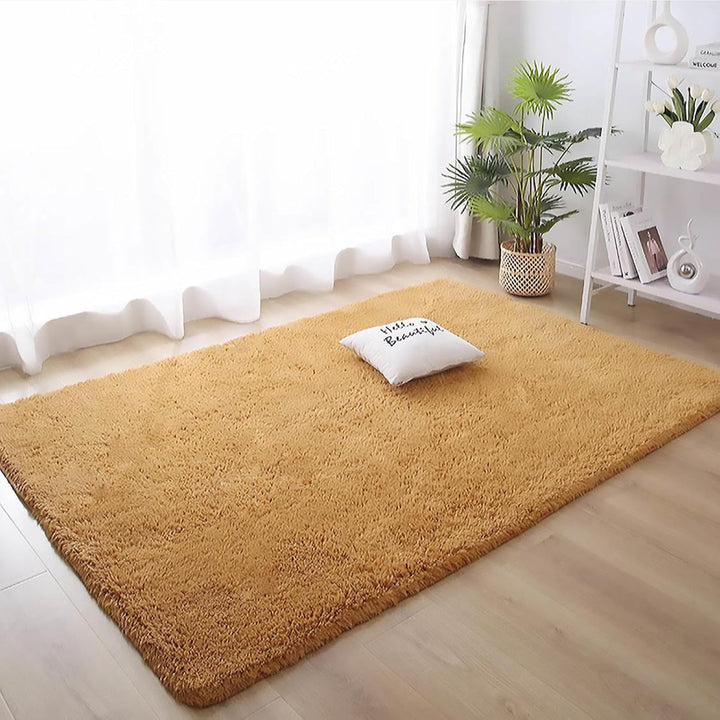 VibeCore Arctic Faux Cashmere Area Rug in khaki, made from soft faux cashmere for a plush feel. Non-slip backing for safety, ideal for bedrooms, living rooms, or dorms. Durable, easy to clean, and available in 11 color options.