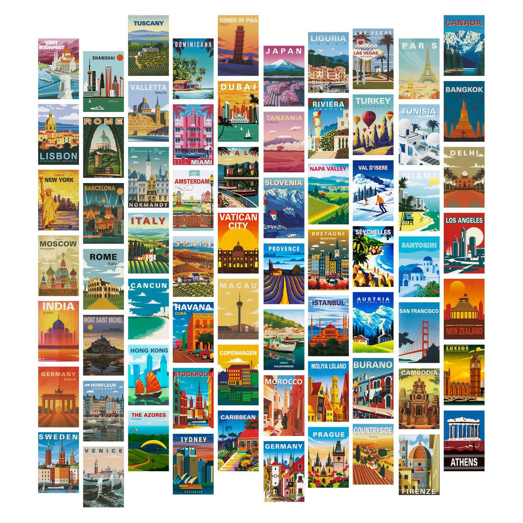 VibeCore Around the World Wall Collage Kit featuring 70 vibrant prints from iconic travel destinations. Perfect for adding wanderlust and cultural flair to your space.