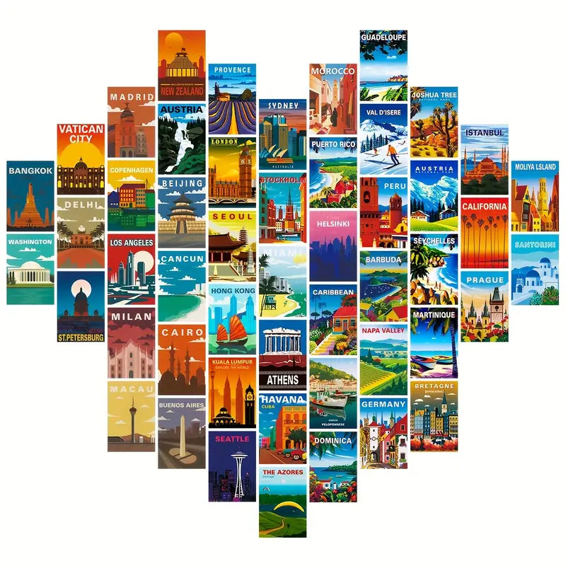 VibeCore Around the World Wall Collage Kit featuring half of the 70 vibrant prints from iconic travel destinations. Perfect for adding wanderlust and cultural flair to your space.