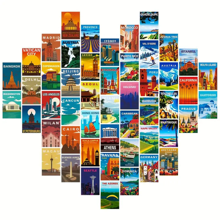 VibeCore Around the World Wall Collage Kit featuring half of the 70 vibrant prints from iconic travel destinations. Perfect for adding wanderlust and cultural flair to your space.