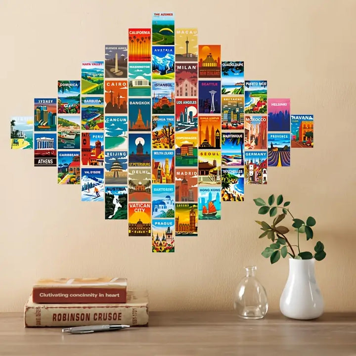VibeCore Around the World Wall Collage Kit displayed on another wall, featuring 70 vibrant prints from iconic travel destinations. Adds a touch of wanderlust and cultural flair to any room.