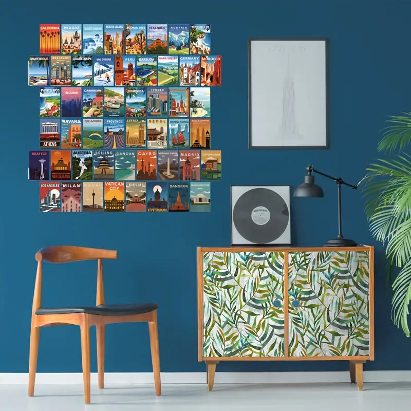 VibeCore Around the World Wall Collage Kit displayed on a wall, featuring 70 vibrant prints from iconic travel destinations. Adds wanderlust and cultural flair to the room.